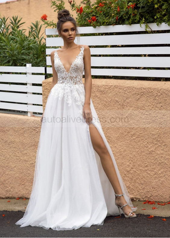 V Neck Ivory Lace Tulle Side Slit Wedding Dress